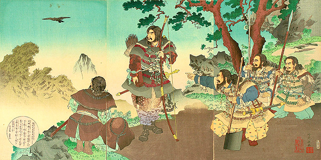 ヤタガラスに導かれる神武天皇（安達吟光画）